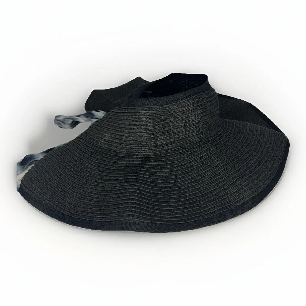 Steve Madden Womens‎ Black Wide Brim Sun Visor Hat Tie Dye Bow Adjustable Chic